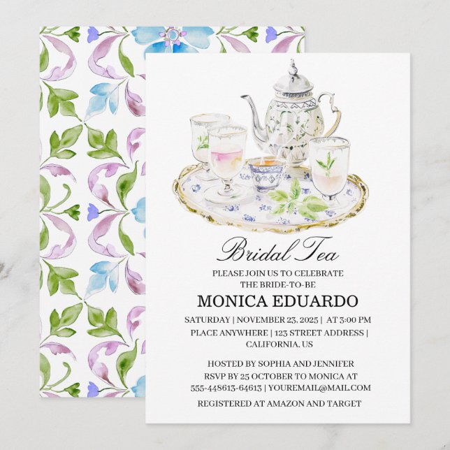 Moroccan teapot Watercolor boho Bridal shower Invitation (Front/Back)