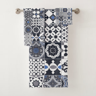 Moroccan tile black,blue,grey bath towel set