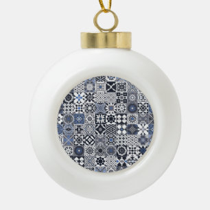 Moroccan tile black,blue,grey ceramic ball christmas ornament