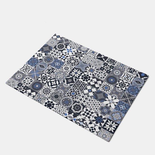 Moroccan tile black,blue,grey doormat (Angled)