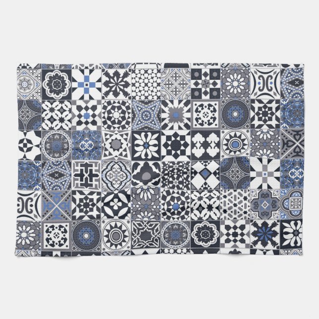 Moroccan tile black,blue,grey kitchen towel (Horizontal)