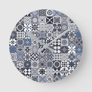 Moroccan tile black,blue,grey round clock