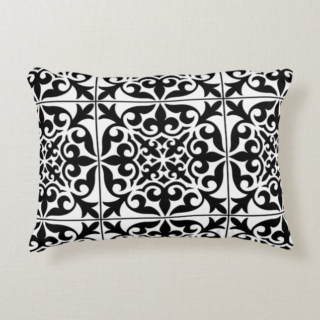 Moroccan tile - black with white background accent pillow (Front)