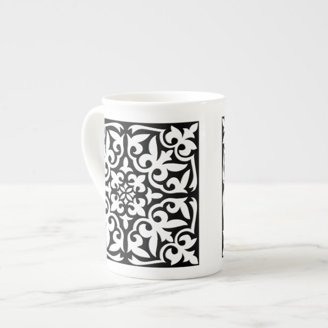 Moroccan tile - black with white background bone china mug (Front Left)