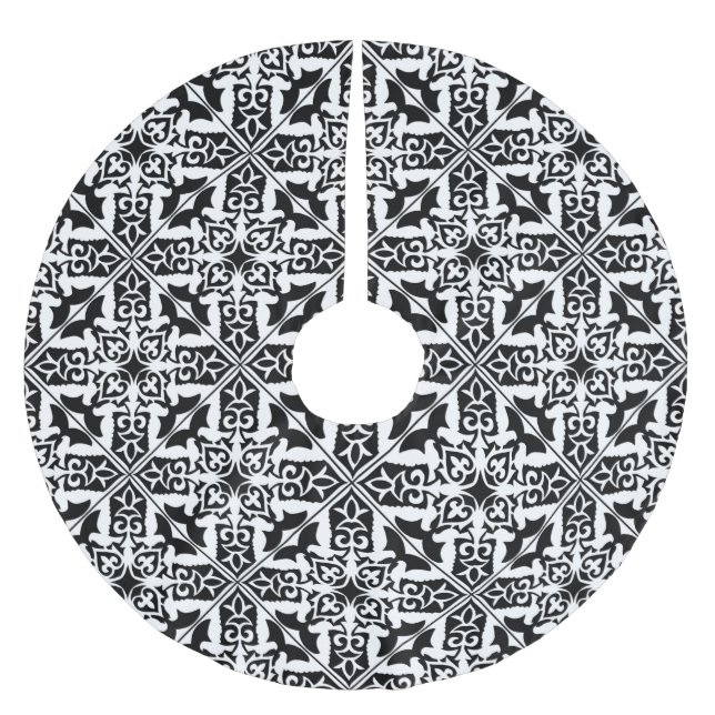 Moroccan tile - black with white background brushed polyester tree skirt (Front)