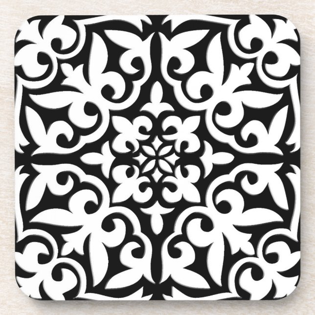Moroccan tile - black with white background coaster (Front)