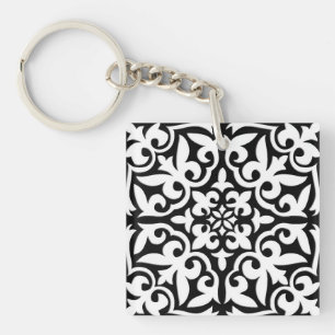 Moroccan tile - black with white background keychain