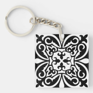 Moroccan tile - black with white background keychain