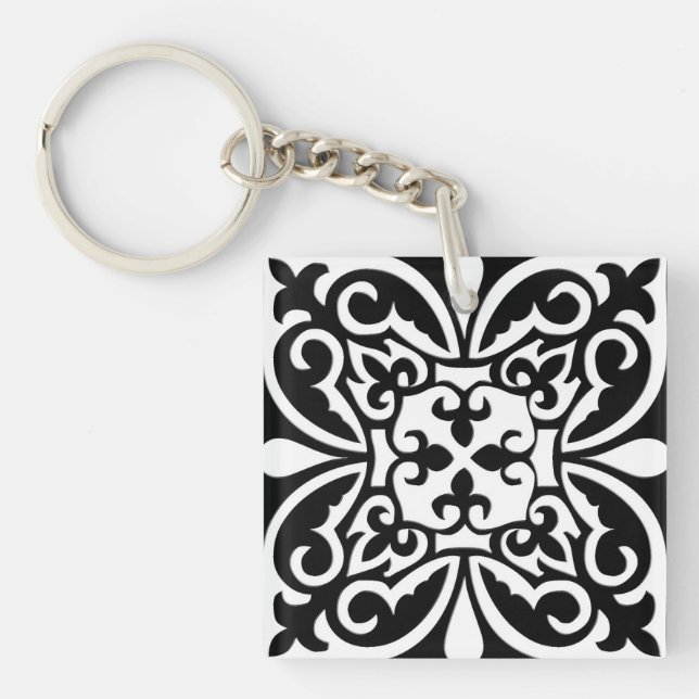 Moroccan tile - black with white background keychain (Front)