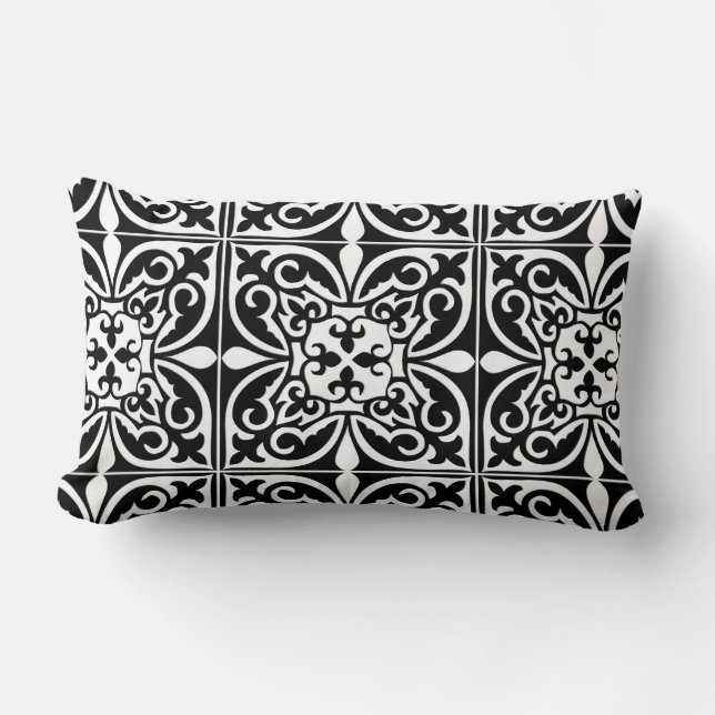 Moroccan tile - black with white background lumbar pillow (Front)