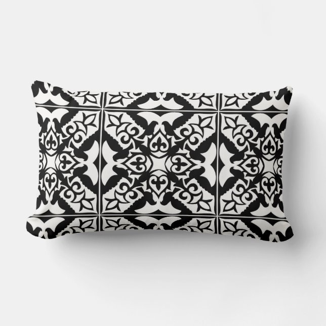 Moroccan tile - black with white background lumbar pillow (Front)