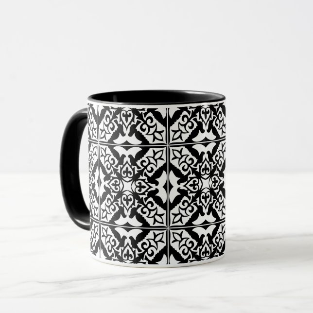 Moroccan tile - black with white background mug (Front Left)