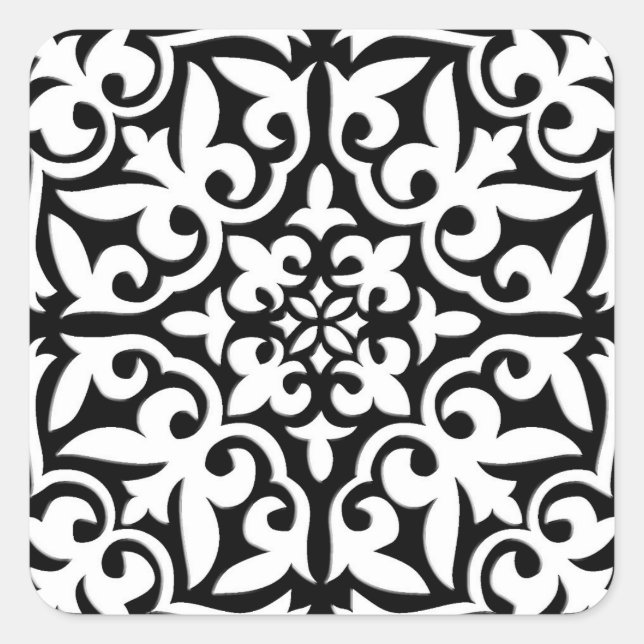 Moroccan tile - black with white background square sticker (Front)