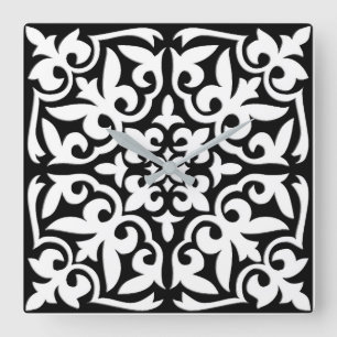 Moroccan tile - black with white background square wall clock