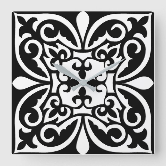 Moroccan tile - black with white background square wall clock (Front)