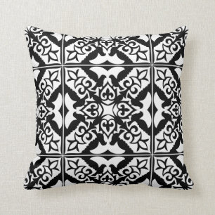 Moroccan tile - black with white background throw pillow
