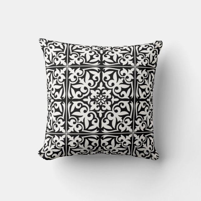 Moroccan tile - black with white background throw pillow (Front)