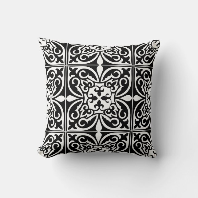 Moroccan tile - black with white background throw pillow (Front)