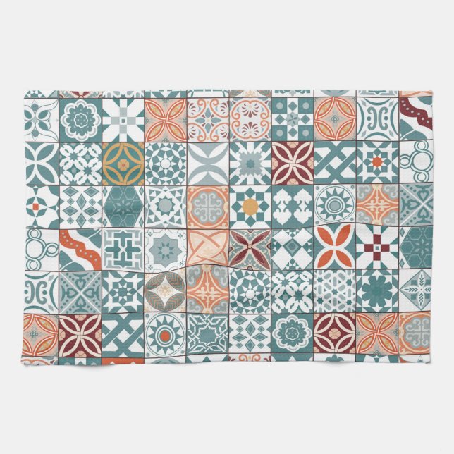 Moroccan tile - blue and brown kitchen towel (Horizontal)