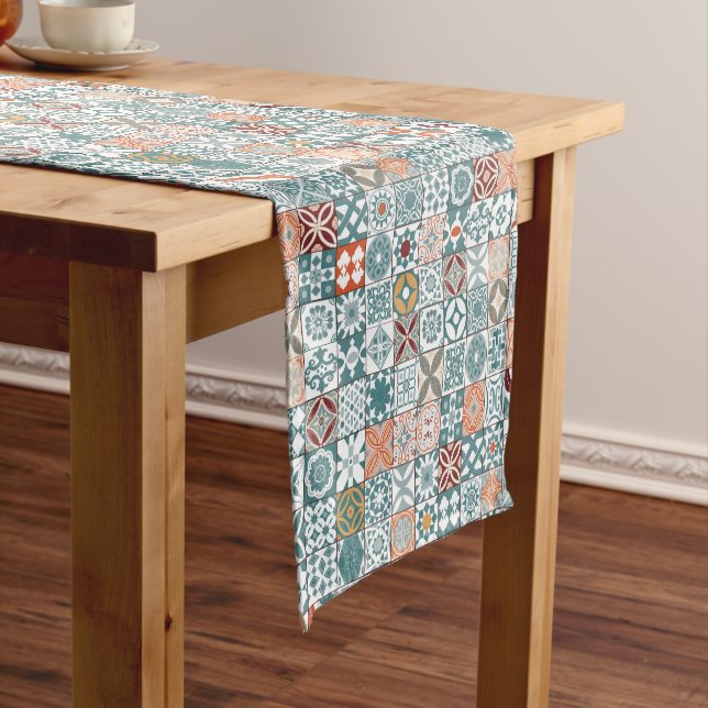 Moroccan tile - blue and brown short table runner (In Situ)