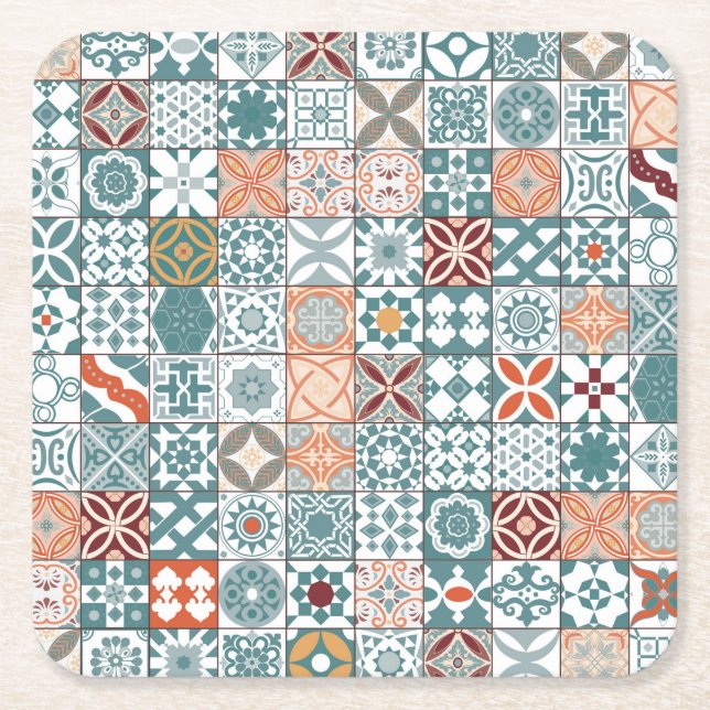 Moroccan tile - blue and brown square paper coaster (Front)