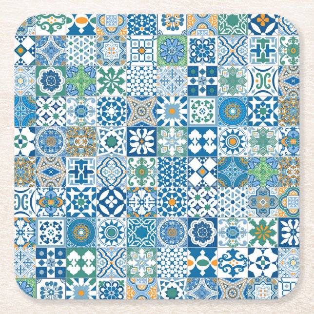 Moroccan tile - blue and green square paper coaster (Front)
