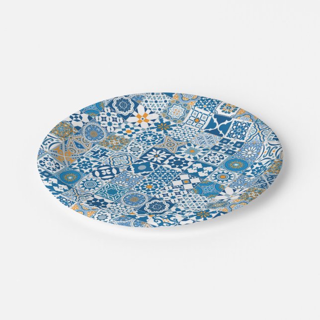 Moroccan tile - blue and orange paper plate (Angled)