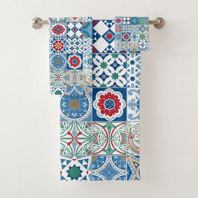 Moroccan tile - blue and red bath towel set (Insitu)