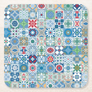 Moroccan tile - blue and red square paper coaster