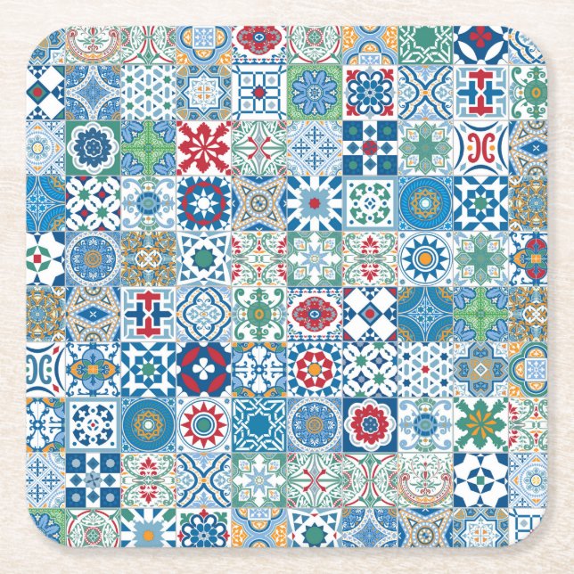 Moroccan tile - blue and red square paper coaster (Front)