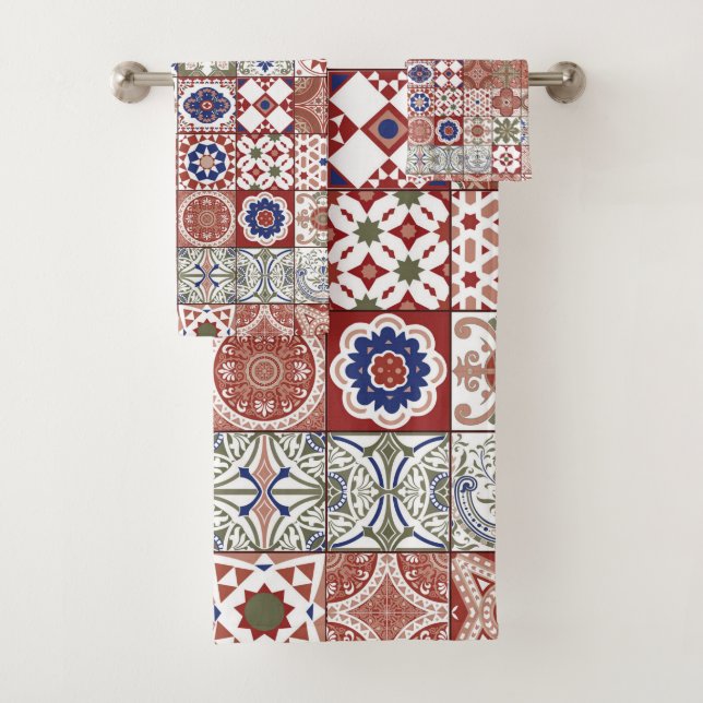 Moroccan tile - burgundy and blue bath towel set (Insitu)