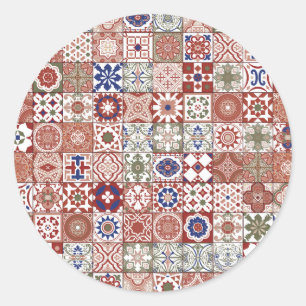 Moroccan tile - burgundy and blue classic round sticker