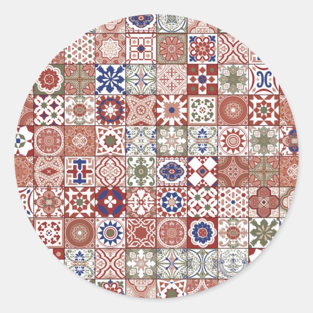Moroccan tile - burgundy and blue classic round sticker (Front)
