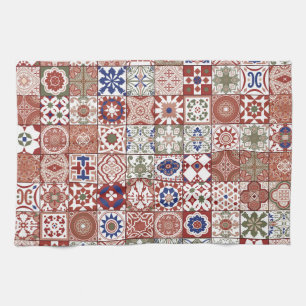 Moroccan tile - burgundy and blue kitchen towel