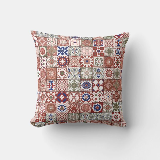 Moroccan tile - burgundy and blue throw pillow (Front)
