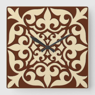 Moroccan tile - chocolate brown and beige square wall clock