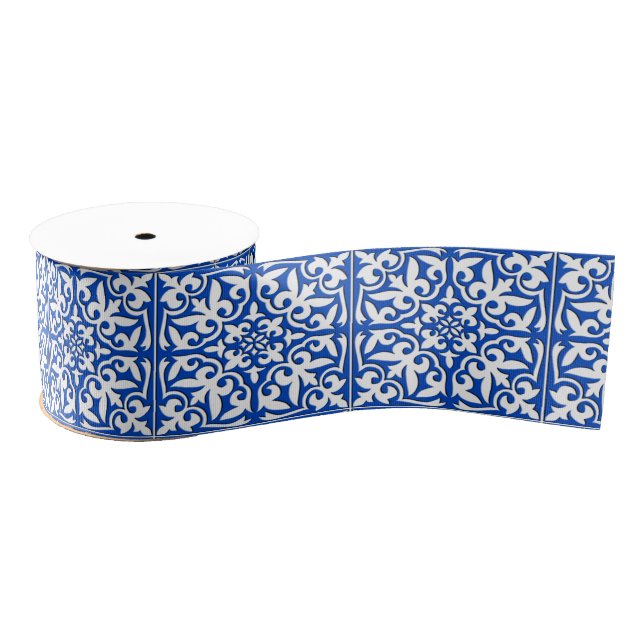 Moroccan tile - cobalt blue and white grosgrain ribbon (Spool)