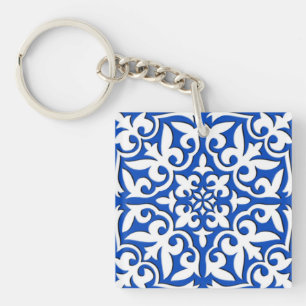Moroccan tile - cobalt blue and white keychain