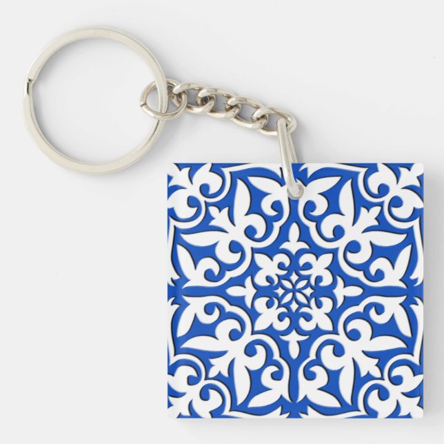 Moroccan tile - cobalt blue and white keychain (Front)