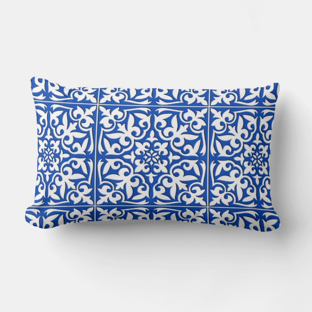 Moroccan tile - cobalt blue and white lumbar pillow (Front)