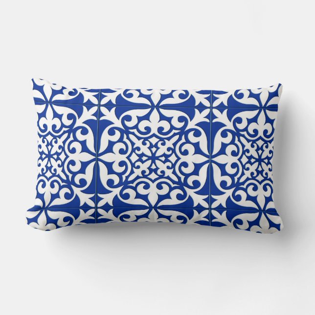 Moroccan tile - cobalt blue and white lumbar pillow (Front)