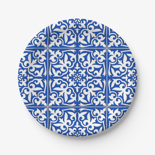 Moroccan tile - cobalt blue and white paper plate (Front)