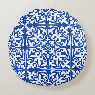 Moroccan tile - cobalt blue and white round pillow
