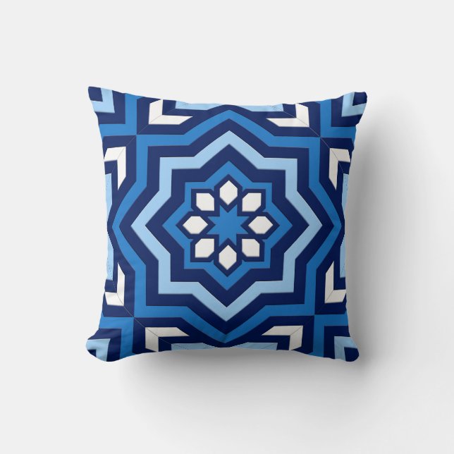Moroccan Tile, Cobalt, Navy and Light Blue Throw Pillow (Front)