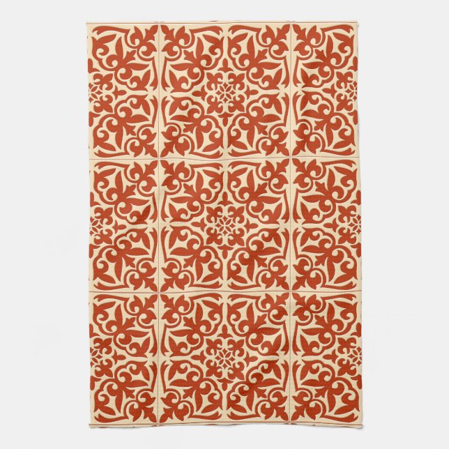 Moroccan tile - coral orange and peach kitchen towel (Vertical)