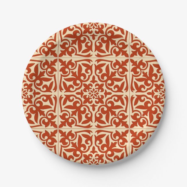 Moroccan tile - coral orange and peach paper plate (Front)