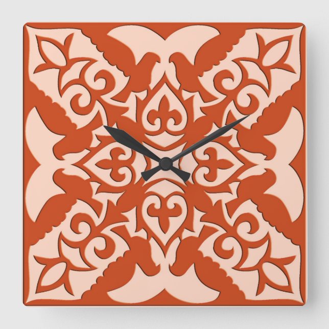 Moroccan tile - coral orange and peach square wall clock (Front)