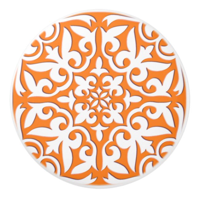 Moroccan tile - coral orange and white ceramic knob (Front)
