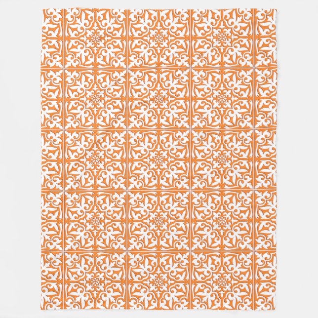 Moroccan tile - coral orange and white fleece blanket (Front)