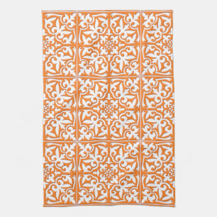 Moroccan tile - coral orange and white kitchen towel